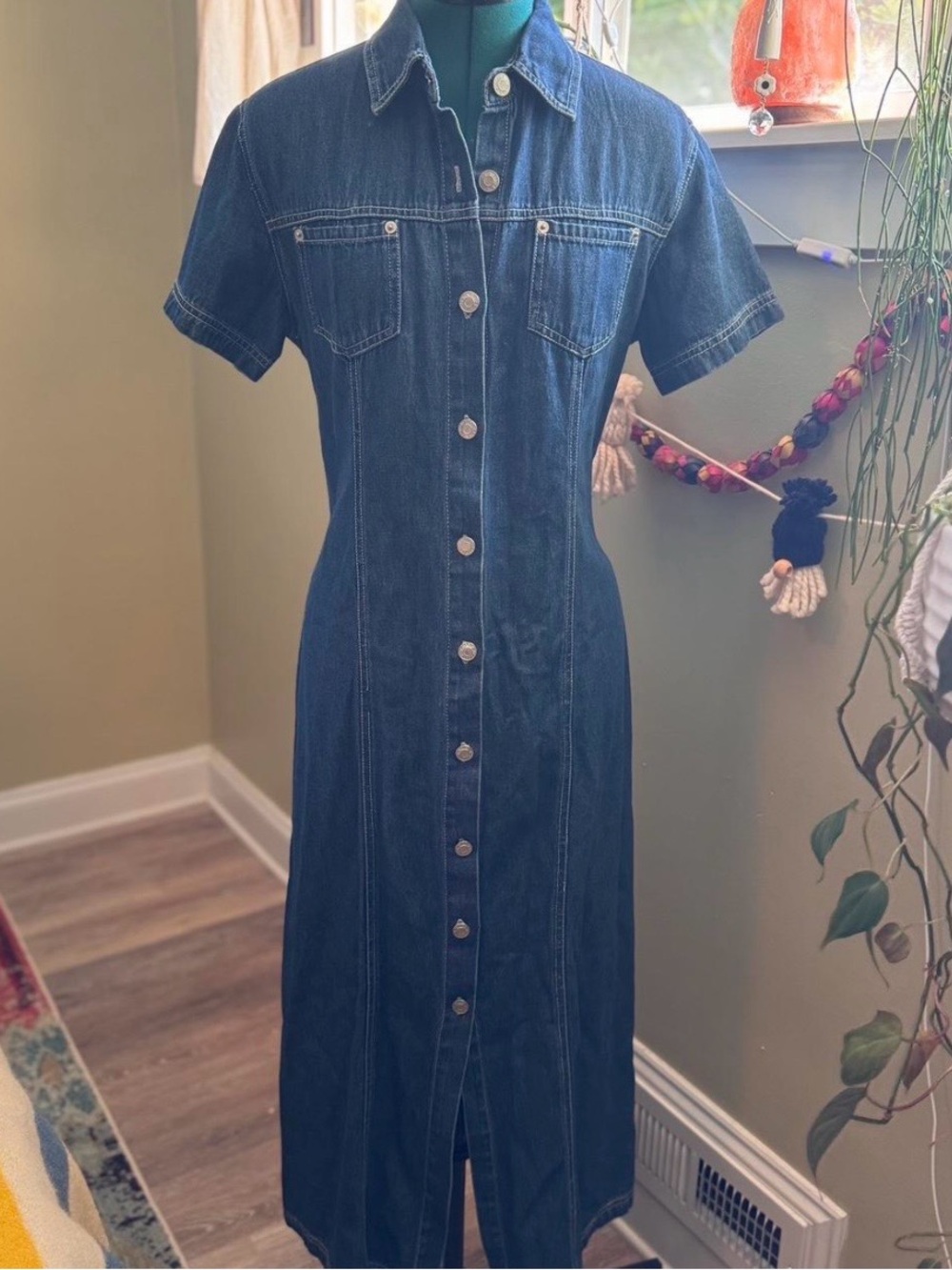 Classic Button-Front Denim Midi Dress - Dark Blue